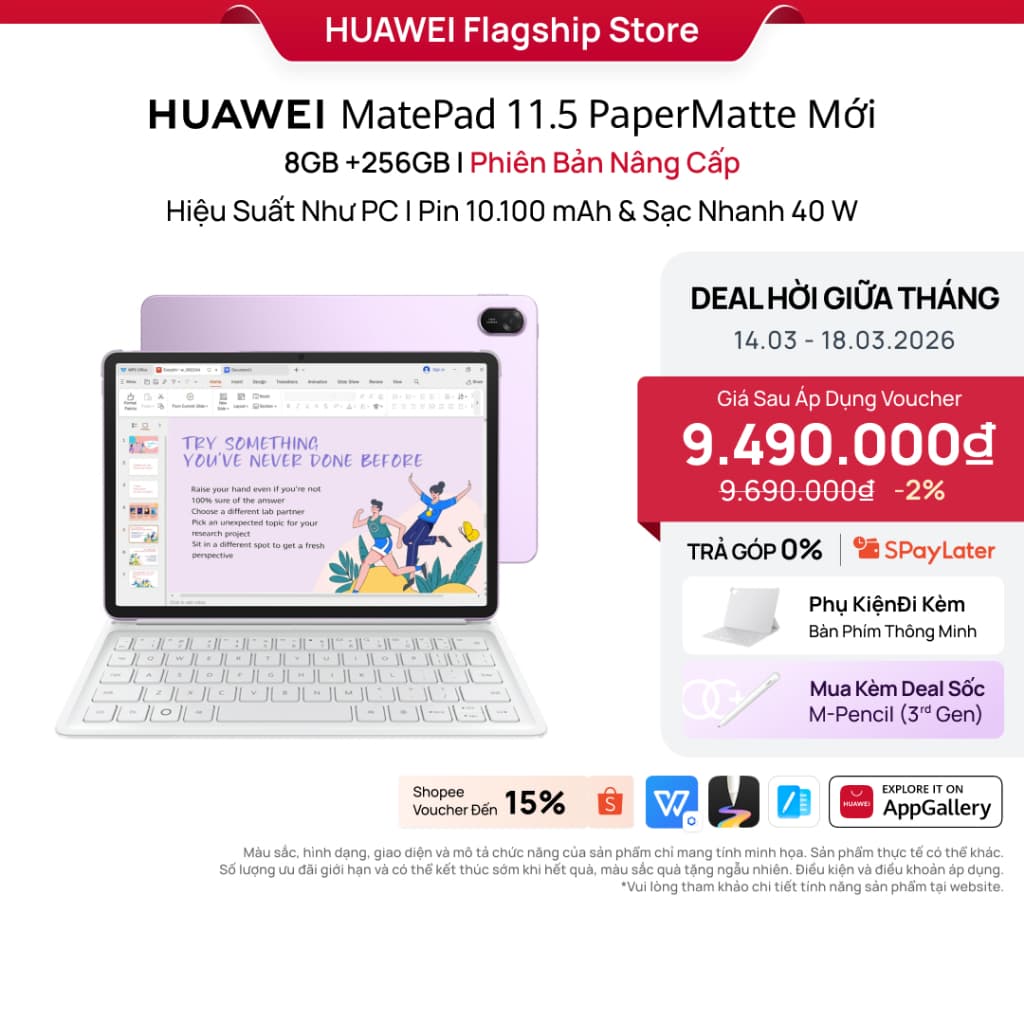 Máy tính bảng HUAWEI MatePad 11.5 PaperMatte Mới 8+256GB | Hiệu Suất Như PC | Pin 10.100 mAh | Sạc Nhanh 40W